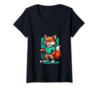 Femme Renard Golf Sourire Style Décontracté T-Shirt avec Col en V