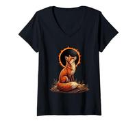 Femme Renard Hurlant à la Lune Eclipse Solaire Alpha Montagne Lunaire T-Shirt avec Col en V