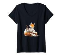 Femme Renard Japonais Cool pour Les Amateurs de Kitsune et de Calligraphie T-Shirt avec Col en V