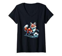 Femme Renard Jouant Au Football avec Passion T-Shirt avec Col en V