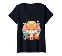 Femme Renard Kawaii Boisson Bubble Tea Coeur T-Shirt avec Col en V