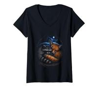 Femme Renard Raton Laveur endormi sous la Lune T-Shirt avec Col en V