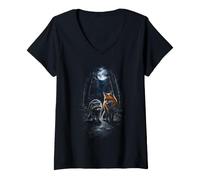 Femme Renard Raton Laveur sous la Lune T-Shirt avec Col en V