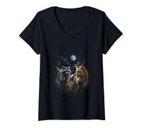 Femme Renard Raton Laveur sous la Lune T-Shirt avec Col en V