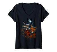 Femme Renard Raton Laveur sous la Lune T-Shirt avec Col en V