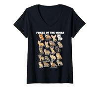 Femme Renards du Monde Tableau De La Faune De 20 Espèces Fox Art T-Shirt avec Col en V