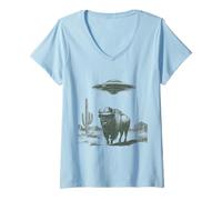Femme Rencontre Amusante Entre Un Cow-Boy et Un Bison avec Un ovni dans Le désert T-Shirt avec Col en V