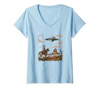 Femme Rencontre Vintage Entre Cowboy et Extraterrestre T-Shirt avec Col en V