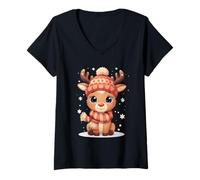 Femme Renne Mignon avec Bonnet d’Hiver et écharpe T-Shirt avec Col en V