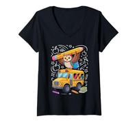 Femme Rentrée des Classes Hibou Bus Scolaire 100 Jours D’École T-Shirt avec Col en V