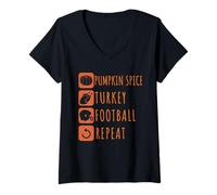 Femme Répétition de Football Citrouille épices Dinde Thanksgiving Automne Meme T-Shirt avec Col en V