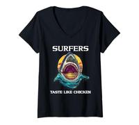 Femme Requin amusant disant que les surfeurs ont le goût du poulet et des prédateurs océaniques T-Shirt avec Col en V