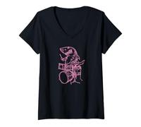 Femme Requin Jouant de la Batterie Poisson Batteur drôle Plage Rock Musicien T-Shirt avec Col en V
