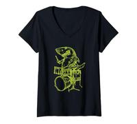 Femme Requin Jouant de la Batterie Poisson Batteur drôle Plage Rock Musicien T-Shirt avec Col en V
