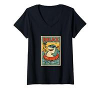 Femme Requin relaxant mignon animal vintage relax imprimé rétro T-Shirt avec Col en V