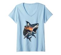 Femme Requin surréaliste, océan, Coucher de Soleil, île Tropicale, Phare Marin T-Shirt avec Col en V