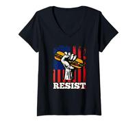 Femme Resist Sandwich Activism USA Flag Protest Fist Humor T-Shirt avec Col en V