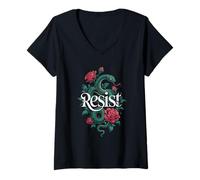 Femme Resist Serpent Fleur Politique Protest Vintage Botanique T-Shirt avec Col en V