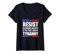 Femme Resist Tyranny No King Pro Democracy Dies Silence I Dissent T-Shirt avec Col en V