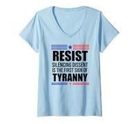 Femme Resist Tyranny Pro Democracy Dies in Silence Dissent No King T-Shirt avec Col en V