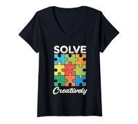 Femme Résolvez Un penseur de Puzzle créatif et coloré T-Shirt avec Col en V