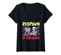 Femme Respawn If You Dare Skeleton Gamer Jeu d'halloween Amusant T-Shirt avec Col en V