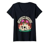 Femme RESPECT NATURE SKULL FLORAL ECOLOVERS T-Shirt avec Col en V