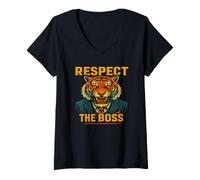 Femme Respect the Boss Tiger - Graphique animal de motivation audacieux T-Shirt avec Col en V