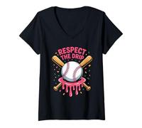 Femme Respect The Drip Baseball Humour Mode Jeunesse Streetwear T-Shirt avec Col en V