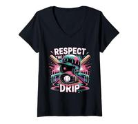 Femme Respect The Drip Casque de Baseball Motif Chauve-Souris T-Shirt avec Col en V