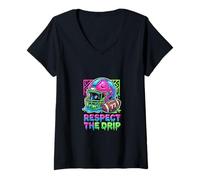 Femme Respect The Drip Casque de Football Slime Art T-Shirt avec Col en V