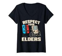 Femme Respect Your Elders Funny 80s Gaming Controller Retro Gamer T-Shirt avec Col en V