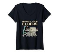 Femme Respect Your Elders Manette de Jeu rétro des années 80 T-Shirt avec Col en V