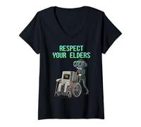 Femme Respect Your Elders Retro Computer Gamer Girl Fun VR Gaming T-Shirt avec Col en V