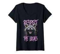 Femme Respectez les habitants du chat drôle de raton laveur T-Shirt avec Col en V