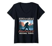 Femme Respectez les habitants Les parcs nationaux américains | Retro Bigfoot T-Shirt avec Col en V