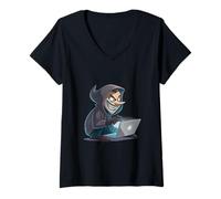Femme Restez Alerte à la cybersécurité des survivants de Phishing T-Shirt avec Col en V