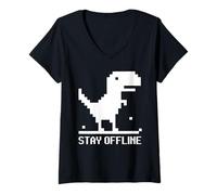 Femme Restez Hors Ligne Pixel Dinosaure Dino Internet Médias Sociaux T-Shirt avec Col en V