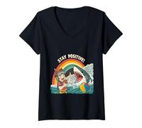 Femme Restez Positif, Dessin animé Amusant en Forme de Requin Arc-en-Ciel T-Shirt avec Col en V