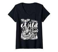 Femme Restez Sauvage et Plein de Merveilles Brave Aventure en T-Shirt avec Col en V