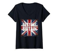 Femme Restore Britain - Flag UK Conservative Graphic Grunge T-Shirt avec Col en V