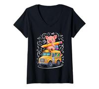 Femme Retour À L’École Cochon Bus Scolaire 100 Jours D’École T-Shirt avec Col en V