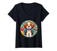 Femme Retour à l'école Bretagne chien garçon fille propriétaire enfant étudiant T-Shirt avec Col en V