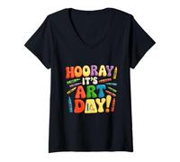 Femme Retour à l'école Hooray It's Art Day Art Professeur Artiste T-Shirt avec Col en V