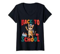 Femme Retour à l'école Mignon Chat du Bengale étudiant Funny First Day Vibes T-Shirt avec Col en V