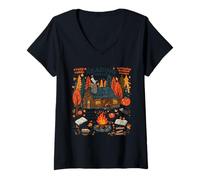 Femme Retraite de Lecture en Cabine Confortable, Escapade livresque automnale, Hygge T-Shirt avec Col en V