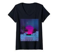 Femme Retro 80s Vaporwave Palm Trees Sunset - Synthwave Art Tee T-Shirt avec Col en V