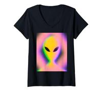 Femme Retro Alien Aura Psychedelic Rainbow Aesthetic Cryptozoology T-Shirt avec Col en V