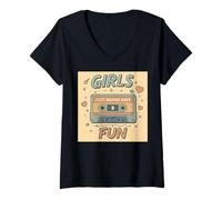 Femme Rétro années 80 Girls Just Wanna Have Fun Times Art T-Shirt avec Col en V