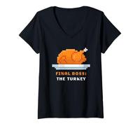 Femme Retro Arcade Pixelated Game Thanksgiving - Final Boss Turkey T-Shirt avec Col en V